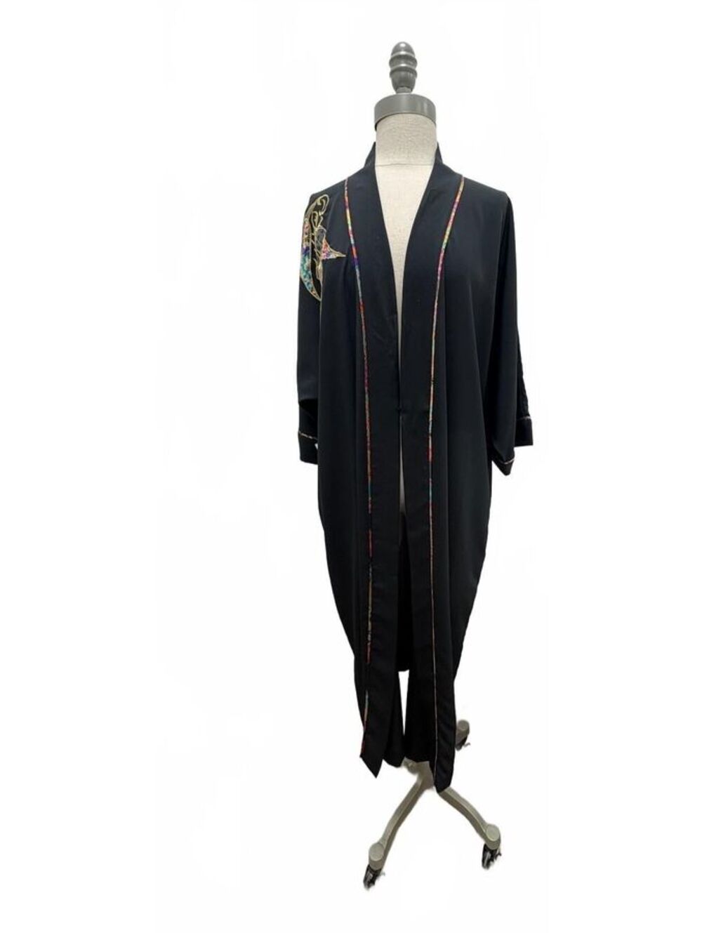 Vintage 80'-90's Josie Petite Black Kimono Style Embroidered Robe Duster OS